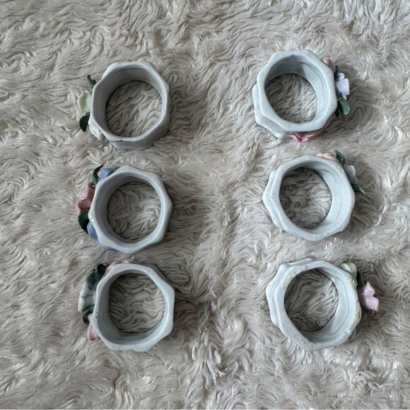 Set of Six Vintage Napkin Rings Pastel Floral Fine China Ceramic Pastel Garden - Picture 3 of 9
